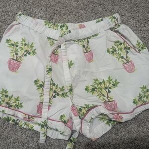 Printfresh Anthropologie White Shorts with Green and Pink Plant Design